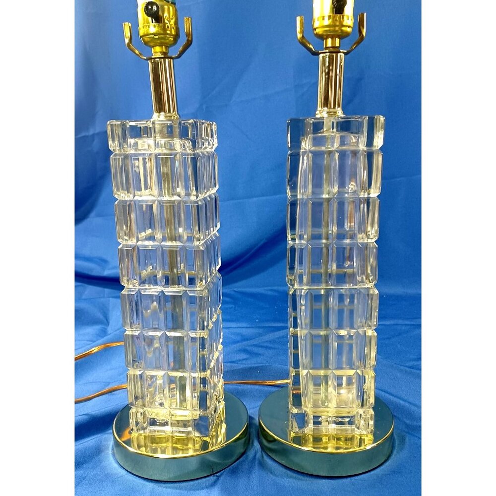 Mid Century Hollywood Regency Crystal & Brass Window Pane Cube Tower Lamps Set - Picture 2 of 13
